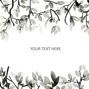 Ağaç yapraklarının suluboya ve mürekkep çizimi, sumi-e, u-sin tarzında. Geleneksel doğu resmi. Tebrik kartı, davet veya kapak için gri tonlu arkaplan tasarımı.