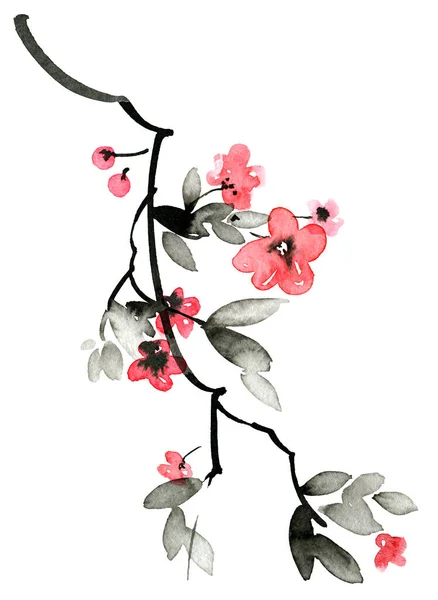 Akwarela Atrament Ilustracja Drzewa Sakura Kwiatami Liśćmi Orientalne Tradycyjne Malarstwo — Zdjęcie stockowe