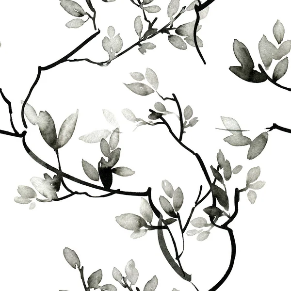 Watercolor Ink Illustration Tree Leaves Style Sumi Sin Oriental Traditional — Stock Photo, Image