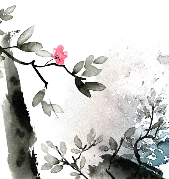 Aquarell Und Tusche Illustration Von Blütenbaum Mit Blättern Und Blumen — Stockfoto