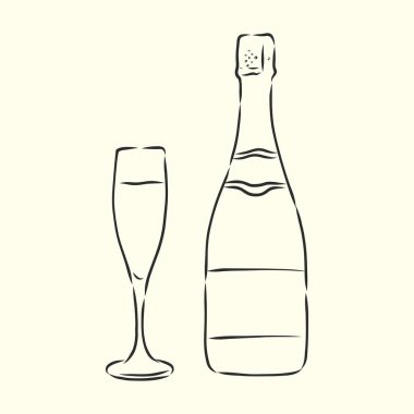 karikatür, el çizimi, vektör, çizim, şampanya şişesi ve şampanya kadehlerinin çizimi