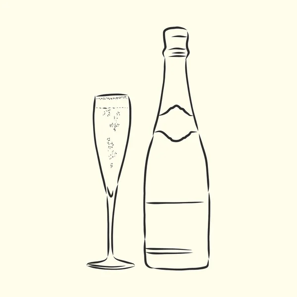 Dessin Animé Dessin Main Vecteur Croquis Illustration Bouteille Champagne Verres — Image vectorielle