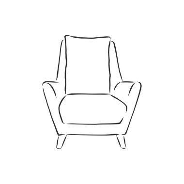 Çizim sandalyesi doğrusal olarak, özet çizimi siyah arka planda. Oturmak ve dinlenmek için döşenmiş mobilyalar. Siluet. vektör.