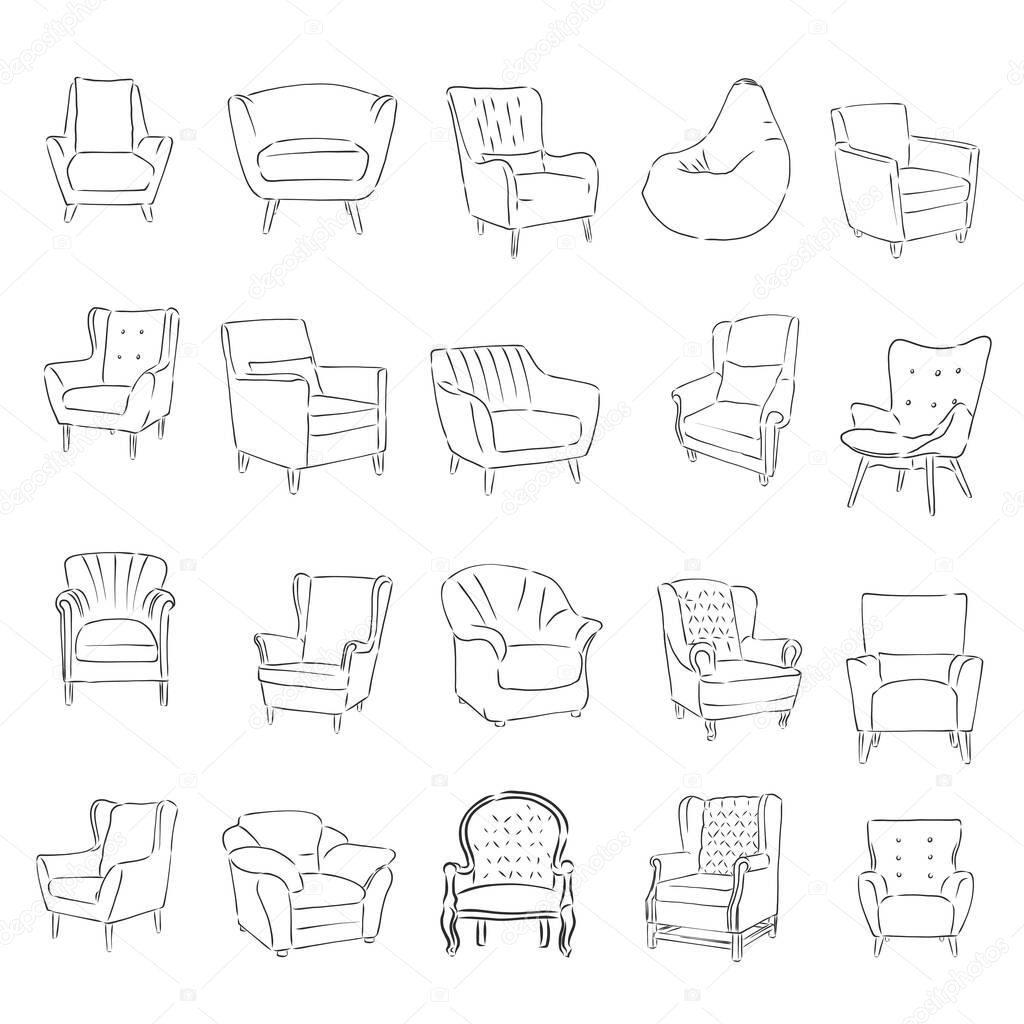 Armchair hand drawn outline doodle icon. Soft armchair with cushion. soft chair, vector sketch illustration