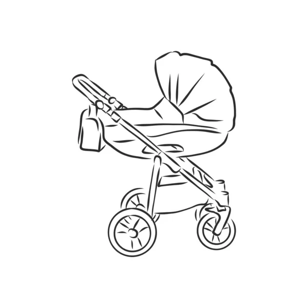 背景に隔離されたベクトルスケッチのベクトルアイコン 赤ちゃんのベビーカーのアイコンを手描き インフォグラフィック ウェブサイトやアプリのためのベビーベビーカーのスケッチアイコン — ストックベクタ