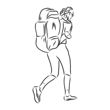 Büyük sırt çantalı, el çizimi vektör illüstrasyonlu bir adamın çizimi. Sırt çantalı bir turist, vektör çizimi çizimi