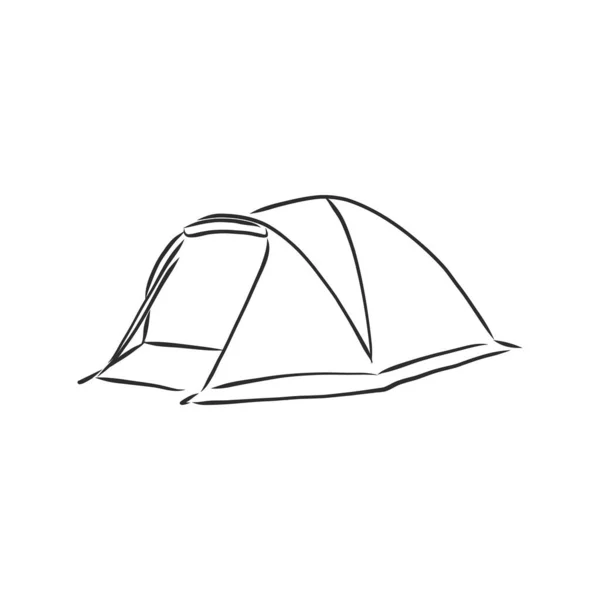 手描きの観光テント 鉛筆でテントをスケッチ 開いたテントと入り口は棒に結びつけられた ベクトルエプスイラスト 観光テントやベクトルスケッチイラスト — ストックベクタ