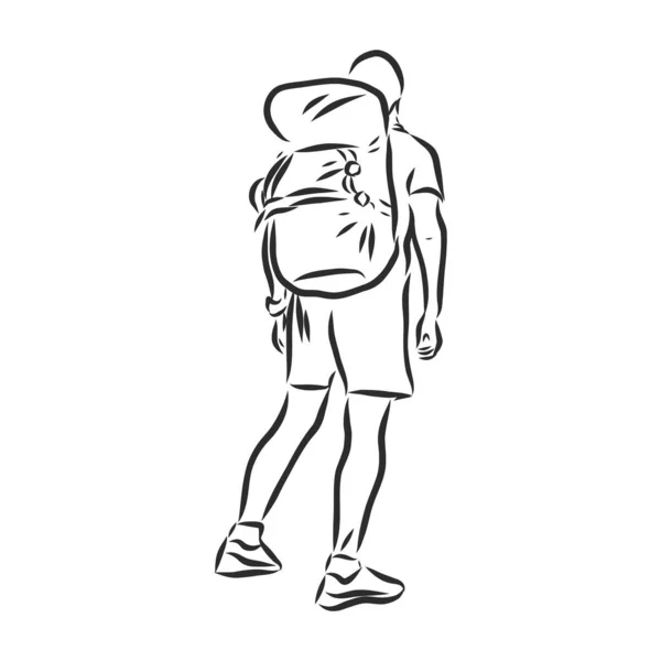 Esboço Homem Trekking Com Mochila Grande Ilustração Vetorial Desenhada Mão —  Vetores de Stock