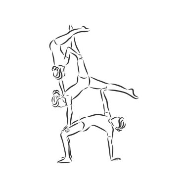 Akrobatik, denge, performans, işbirliği konsepti. El çizimi akrobatlar sahne konsepti skecinde gösteri yapıyorlar. İzole vektör çizimi, akrobasi, vektör çizimi