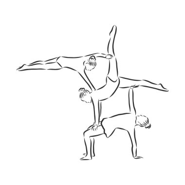 Akrobatik, denge, performans, işbirliği konsepti. El çizimi akrobatlar sahne konsepti skecinde gösteri yapıyorlar. İzole vektör çizimi, akrobasi, vektör çizimi