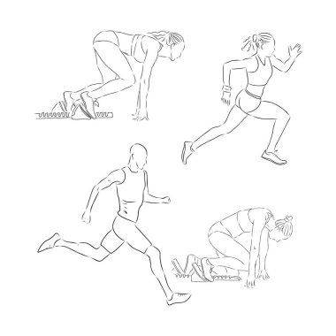 Aşağıdaki spor pisti ve saha koşucusu, pist ve saha koşucusu, koşucu, vektör çizimi içeren karalama sanat çizimleri koleksiyonu