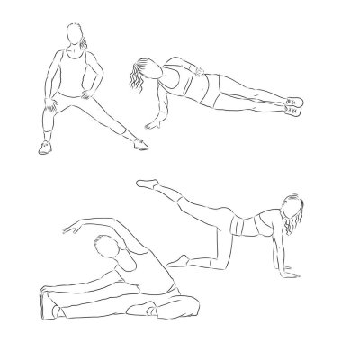 Yoga pozları, yoga pantolonları, yoga pozları vektör çizimi.