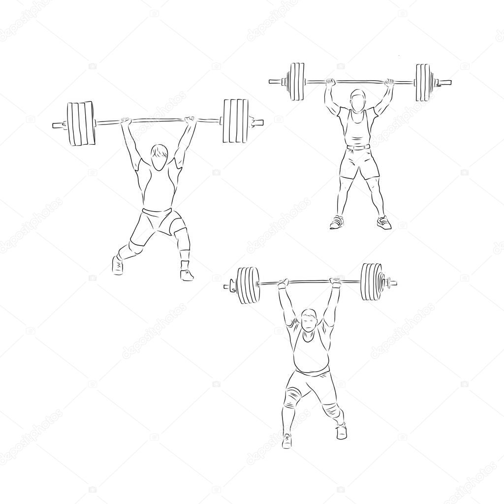 Sporty man lifting a heavy weight barbell in the gym. Strong sportsman doing exercise with barbell. Male weightlifter holding a barbell. Hand drawn vector sketch illustration on white background.