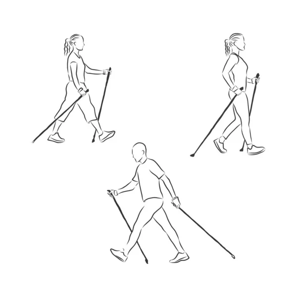 连续画线 一个年轻的女人用手杖走路 白色背景上的黑线 — 图库矢量图片