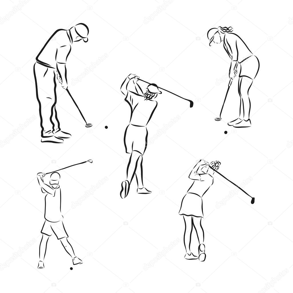 Hand drawn sketch of Golf player playing game in vector illustration.