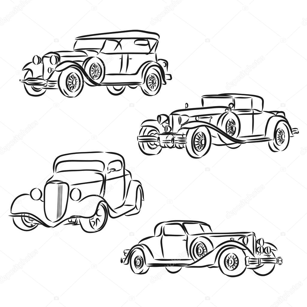 Hand drawn retro car. Vector.