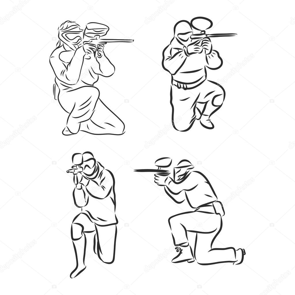 illustration of a shooting soldier, black and white drawing, white background paintball vector sketch illustration