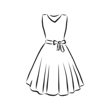 Kadın elbiseleri koleksiyonu. El çizimi vektör çizimi. Beyaz arkaplanda siyah çizim izole edildi