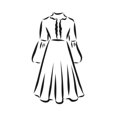 Kadın elbiseleri koleksiyonu. El çizimi vektör çizimi. Beyaz arkaplanda siyah çizim izole edildi