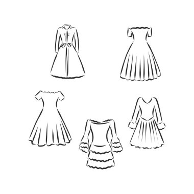 Kadın elbiseleri koleksiyonu. El çizimi vektör çizimi. Beyaz arkaplanda siyah çizim izole edildi