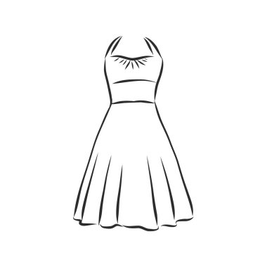 Kadın elbiseleri koleksiyonu. El çizimi vektör çizimi. Beyaz arkaplanda siyah çizim izole edildi