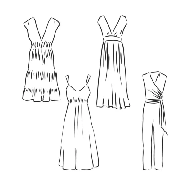 Hand Drawn Vector Clothing Set Dresses Isolated White — Stock Vector