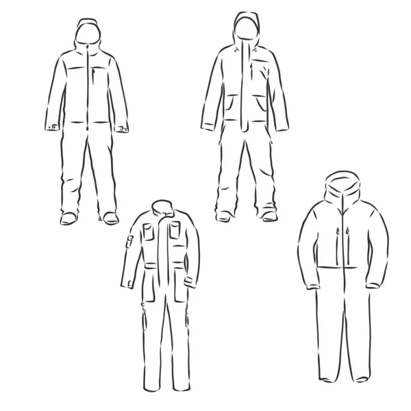 Jumpsuit com manga longa frente e visão traseira, ilustração de moda vetorial, macacão, ilustração de esboço vetorial — Vetor de Stock