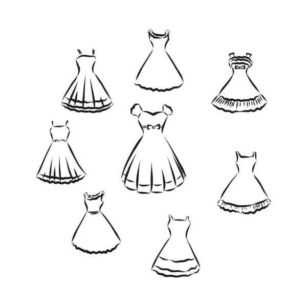Διάνυσμα Εικονογράφηση Γυναικείου Φορέματος Κοντά Μανίκια Και Μακριά Φούστα Κουμπιά — Διανυσματικό Αρχείο