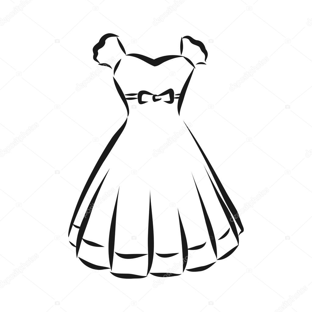 Vector illustration of a women's dress with short sleeves and a long skirt, buttons on the chest and a cute collar. Coloring book on the theme of women's clothing, dresses for girls.