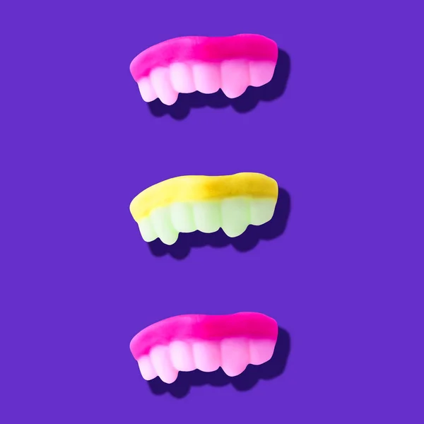 Colagem Fotografia Neon Moderno Rosa Amarelo Cores Dentes Humanos Sobre — Fotografia de Stock