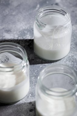 Gri arka planda Hindistan cevizi sütü ve hindistan cevizli yoğurtsuz kefir. Sağlıklı probiyotik içecek