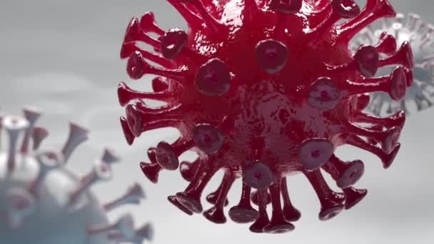 Microscopic coronavirus model SARS-CoV-2 close-up, red, floating in the cell environment. Anteriormente em 2019-nCoV. Causa doença infecciosa perigosa COVID-19. Renderização 3D — Vídeo de Stock