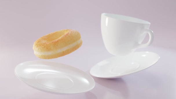 Cup of coffee with golden, airy doughnut on saucer floating in air slowly spinning on gently pink background. Flying dinner items and donut. View from side. Baked goods for breakfast. 3d rendering — Stock Video