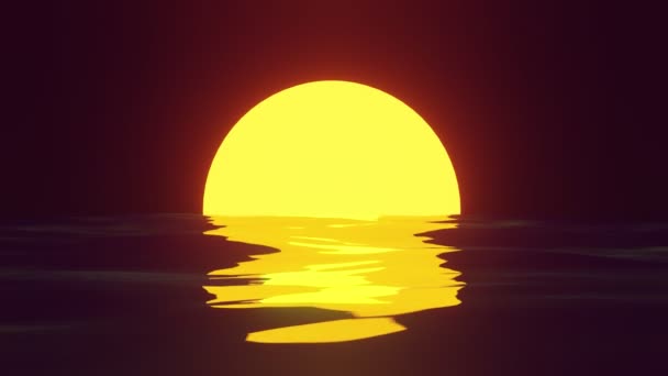 Gyönyörű perzselő naplemente, világos narancssárga közelkép nap, lassan lenyugszik a horizont felett, vagy emelkedik, ami napsütéses vagy holdfényes utat a vízen. Tükrözi a színét, a fény játékát. 3D-s renderelés — Stock videók