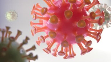 Gerçekçi Roman Coronavirus 2019-NCov. Asya gribi flaşı ve 3 boyutlu yakın çekim animasyonu. Salgın, COVID-19, SARS-CoV-2, tıbbi konsept. Hücresel ortamda dolaşan kırmızı bir virüs.