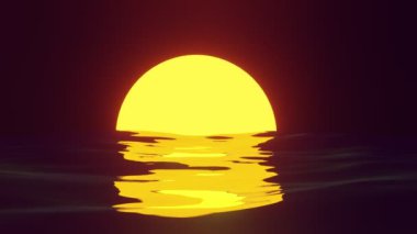 Akşamları, büyük, güzel, turuncu güneş ufkun ardında yavaşça batıyor. Her şeyi altın gölgelerle boyar. Suya yansıyarak güneşli bir yol oluşturur. Batan güneşin manzarası. 3d