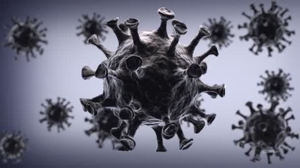 Coronavirus COVID-19 of andere gevaarlijke cellen in grijze achtergrond. Bacteriën drijven in het lichaam. Zwarte ziekteverwekker of kankercellen. Preventief 2019-nCov, vaccin. 3D animatie, medisch concept — Stockvideo