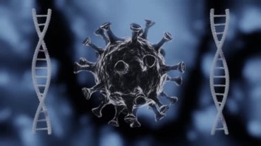 DNA hücresi mikroskobik yapısı ve model Coronavirus COVID-19, soyut mavi arkaplan içinde hareket ediyor. Genetik mutasyon, virüs, siyah patojen veya diğer tehlikeli kanser hücreleri, grip virüsü h1n1, grip. 3d