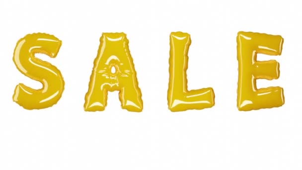 3D анимация из золота надувные воздушные шары с текстом Продажа на белом фоне. Идеальное видео для черной пятницы или сезонных продаж. Гелиевые шарики в золотой фольге как скидка и реклама, баннер, вывески — стоковое видео