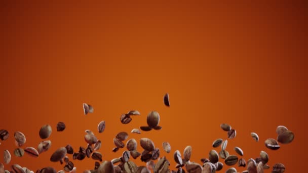 Arabica ve Robusta 'nın güzel kavrulmuş kahve çekirdekleri kahverengi arka planda yavaş çekim yaparak ekranı dolduruyor. Lezzetli aromatik kahvenin 3 boyutlu animasyonu. 4k — Stok video