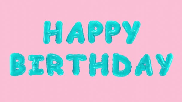 Parabéns letras maiúsculas do texto PACOTE BIRTHDAY balões em fundo rosa. Presente, decoração de férias, aniversário. Animação de balões de hélio, folha azul, close-up em câmera lenta. Renderização 3d — Vídeo de Stock