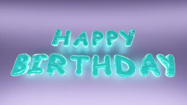 Balão de ar frustrado azul, letras maiúsculas HAPPY BIRTHDAY texto de congratulação no fundo roxo. Férias infantis, aniversário. Decoração de férias animação close-up em câmera lenta. Renderização 3d — Vídeo de Stock