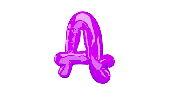 Ballon violet néon de couleur brillante brillant au ralenti sur un fond blanc isolé. Lettre majuscule de l'alphabet A. Animation de texte, rendu 3D. Prêt à l'emploi pour votre ensemble de polices tendance et élégant — Video