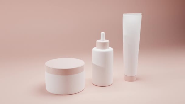Set of three empty white plastic containers on beige background. Skin and body care, lotion for moisturizing, mask for health therapy, jar with face cream. Realistic 3d layout of cosmetic packaging — Stock Video
