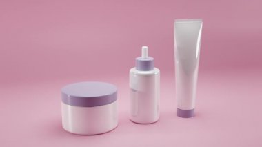 Pembe arka planda mor kapaklı gerçekçi beyaz kozmetik şişeler. Krem, yağ, losyon, şampuan, jöle, saç kremi, balsam, sprey, sabun için kozmetik krem kapları ve tüpler. 3d oluşturma