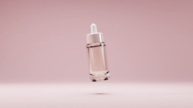 Pipetli 3D gerçekçi cam şişe. Petrol için kozmetik şişe, sıvı gerekli, kolajen serumu pastel arka planda izole edilir. Tasarım, reklam, ürün tanıtımı için ambalaj animasyonu