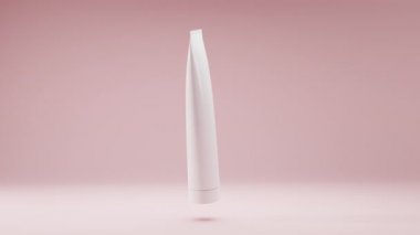 Kozmetik beyaz paket, krem, fırça, tonik, diş macunu, vücut bakımı için plastik tüp. Pembe arka plandaki gerçekçi 3D model şişe ürün tasarımı ve reklamı için havada yavaşça döner