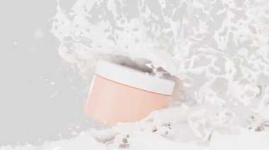 Kozmetik güzellik ürünleri, yüz maskesi ya da vücut fırçası. Süt, yoğurt ya da krema karışımında boş plastik paket. Gerçekçi 3D animasyon, kenar görünüm, dondurucu hareket, beyaz sıvı arkaplan.