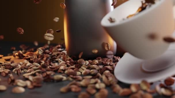 Cangkir kopi panas di musim gugur dengan percikan terhadap latar belakang biji kopi panggang alami yang tersebar dan dua kemasan hermetik mewah kopi dengan warna emas dan perak. Animasi 3d, video promosi. — Stok Video