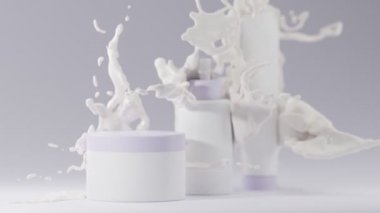 Eflatun kapaklı üç kozmetik boş kavanoz seti. Bir şişe damlatıcı, nemlendirici krem, yüz serumu, süt tanecikli el yağı. Gerçekçi ambalaj, 3 boyutlu animasyon.